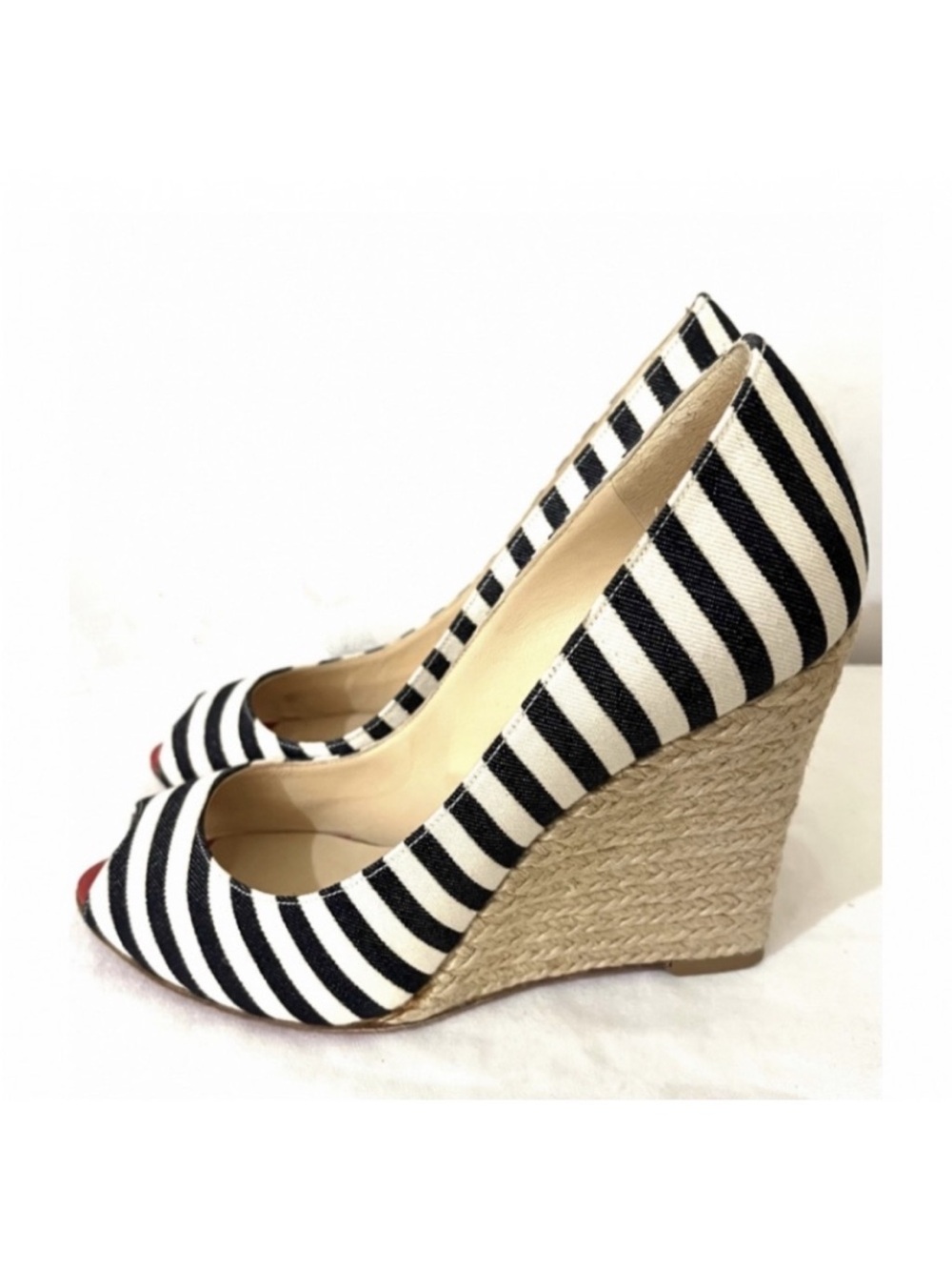 Christian Louboutin Black & White Striped Canvas Wedge Peep-Toe